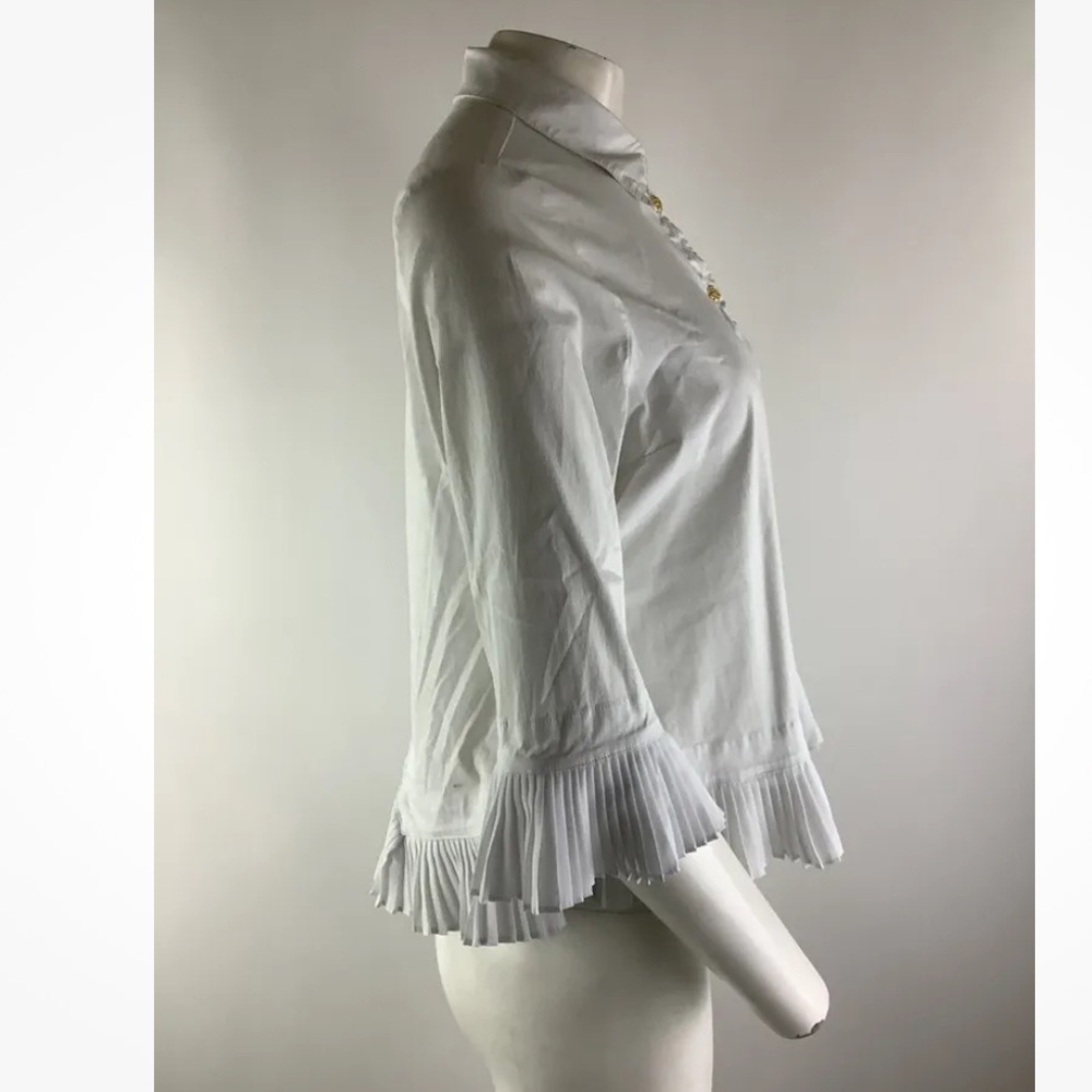 IC By Connie K Sz M Pleated Trim Button Blouse White Cotton Spandex Collared - Picture 3 of 6